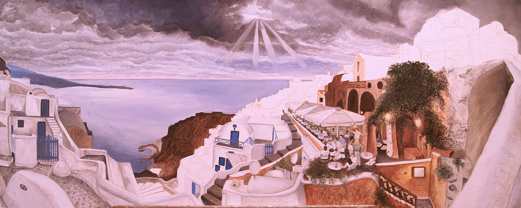 Santorini all'imbrunire in corso d'opera olio su tela 90x30