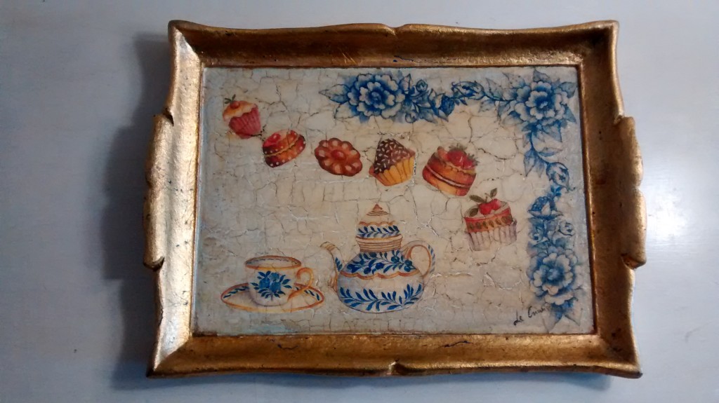 Vassoio legno 23x31 decoupage pittura e foglia oro